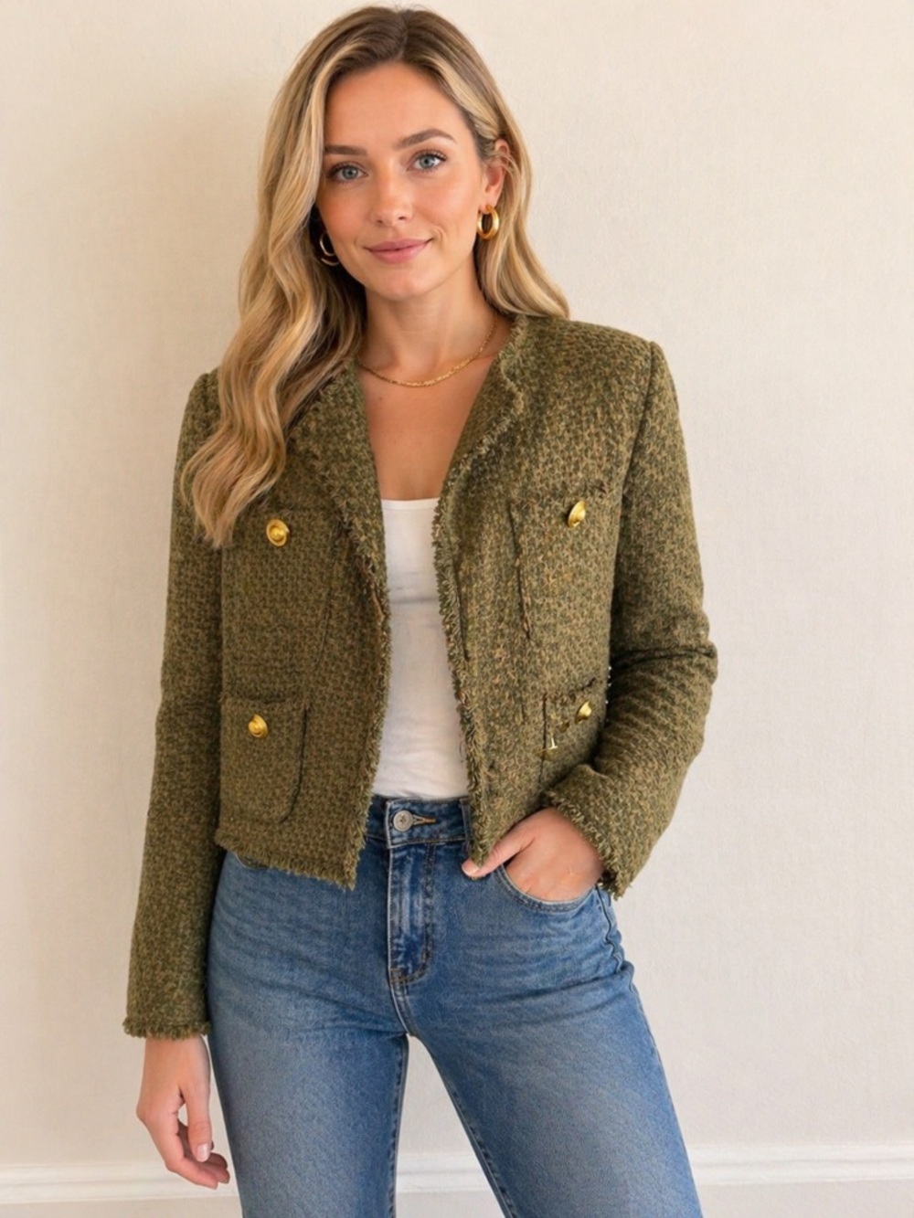 NWT Mango Olive Tweed Cropped Jacket
